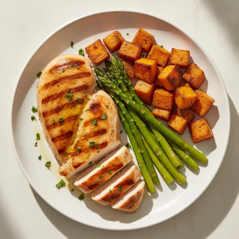 Grilled Chicken Breast with Roasted Sweet Potato and Steamed Asparagus