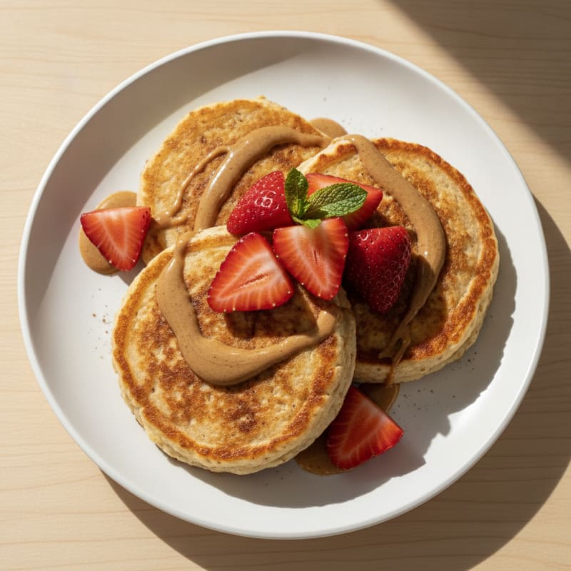 Cottage Cheese Pancakes with Sliced Strawberries and Almond Butter Drizzle