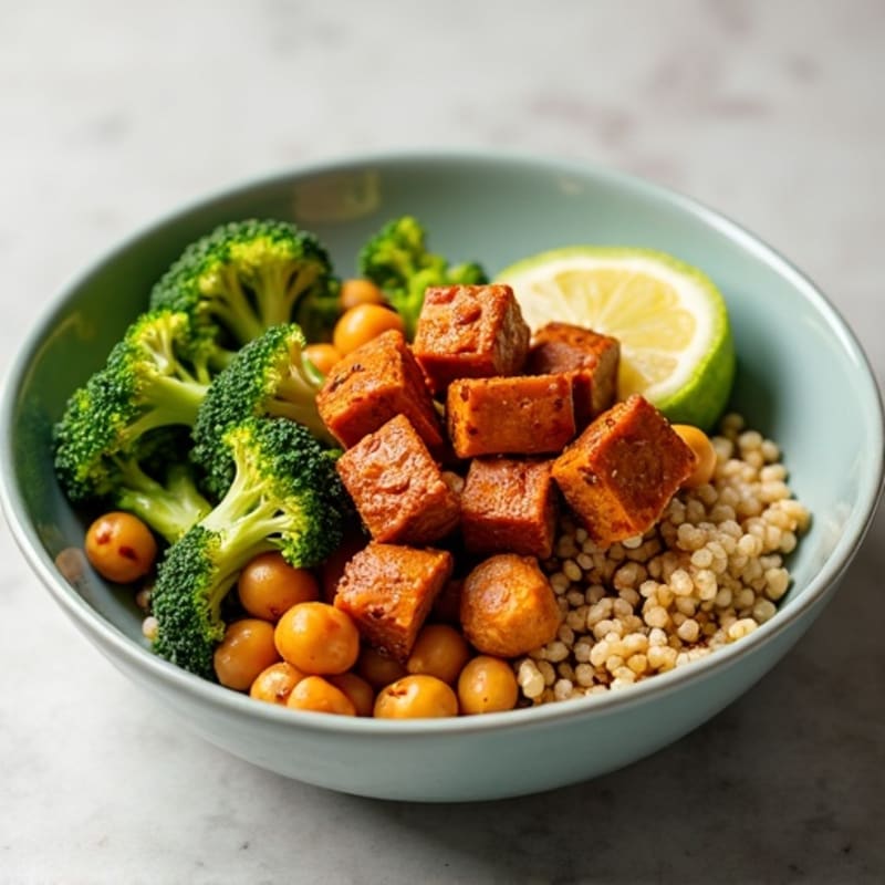 Chickpea Tempeh Power Bowl with Roasted Broccoli and Quinoa