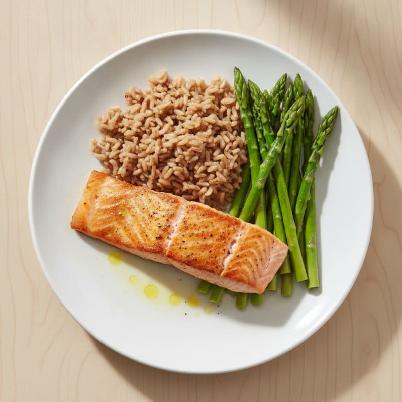 Seared Salmon Fillet with Steamed Asparagus and Brown Rice