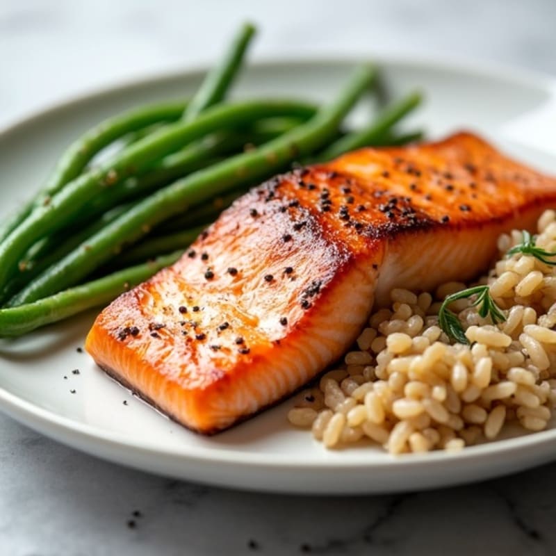 Seared Salmon with Steamed Green Beans and Brown Rice
