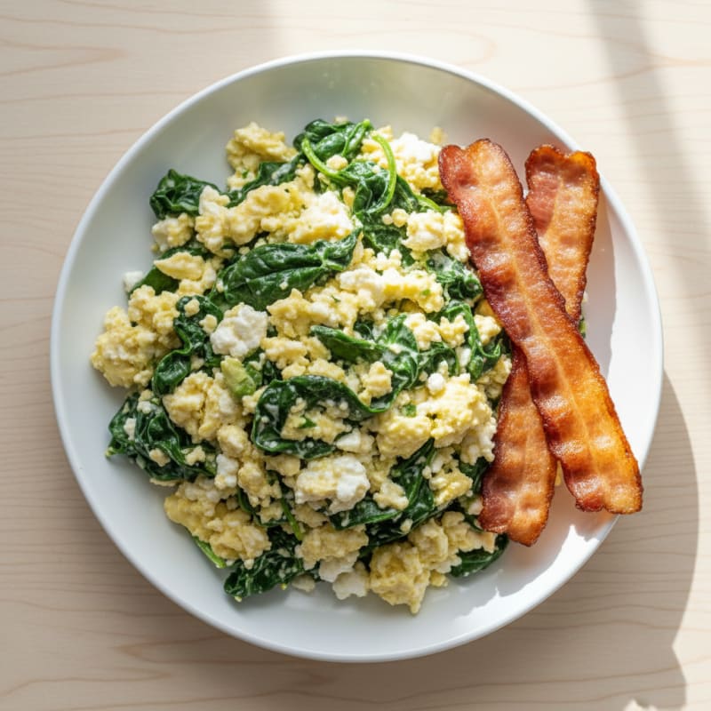 Cottage Cheese Egg Scramble with Spinach and Turkey Bacon