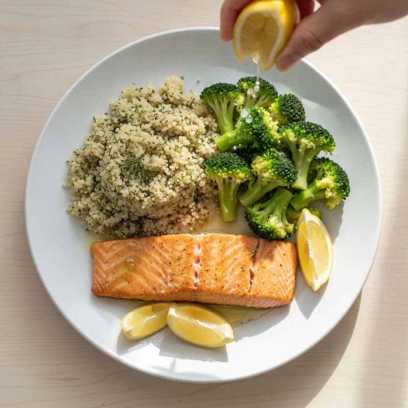 Herb-Roasted Salmon with Steamed Broccoli and Quinoa