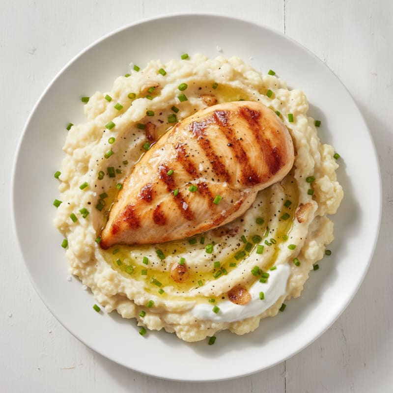 Roasted Garlic Cauliflower Mash with Pan-Seared Chicken