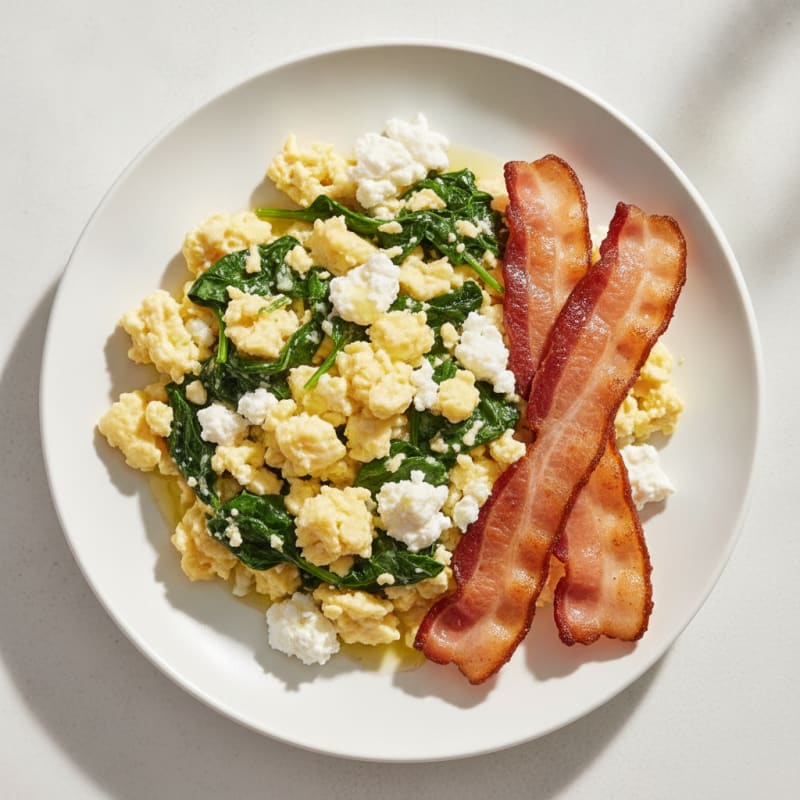 Cottage Cheese Egg Scramble with Spinach and Turkey Bacon