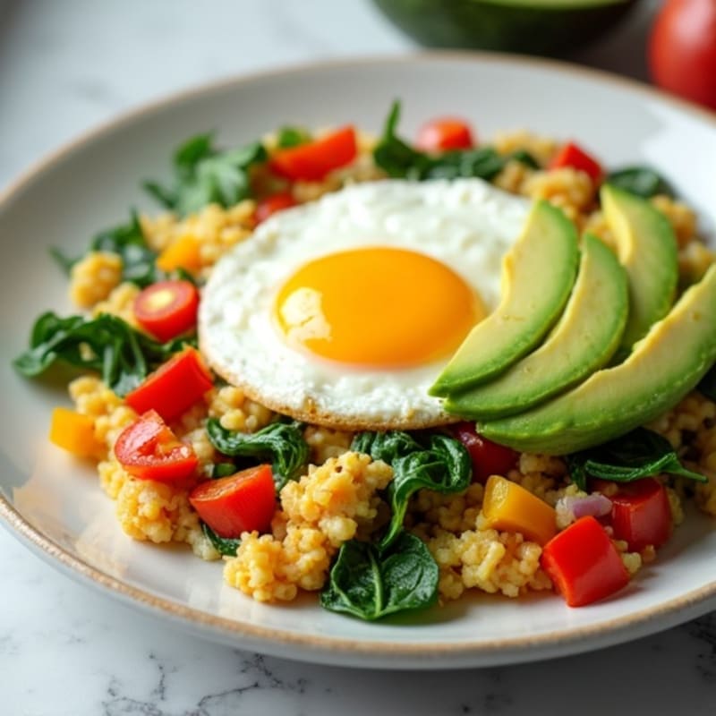 Egg White Veggie Scramble with Cottage Cheese and Sautéed Spinach