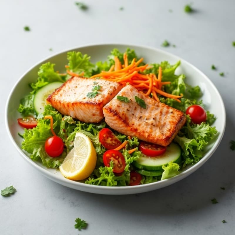 Grilled Salmon Salad with Crunchy Vegetables and Lemon Vinaigrette