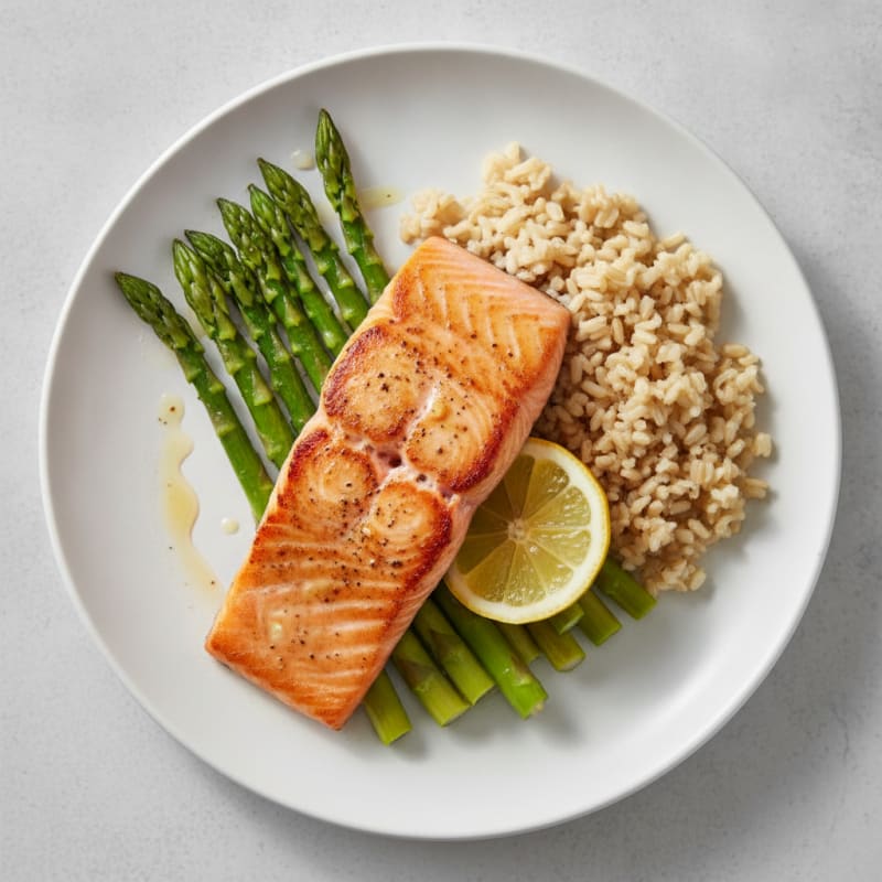 Seared Salmon with Steamed Asparagus and Brown Rice
