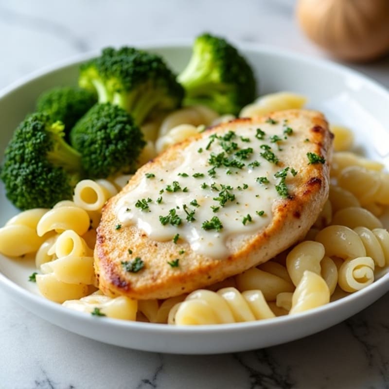 Healthy Creamy Chicken Alfredo Pasta with Roasted Broccoli