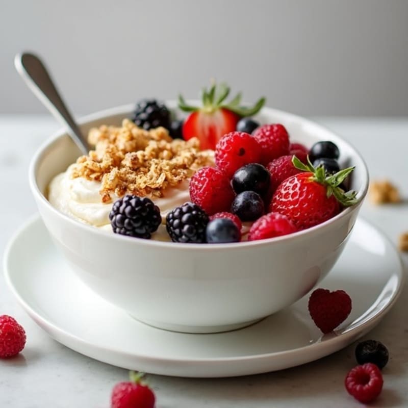 Creamy Greek Yogurt Cheesecake Bowl with Berries and Crunchy Granola