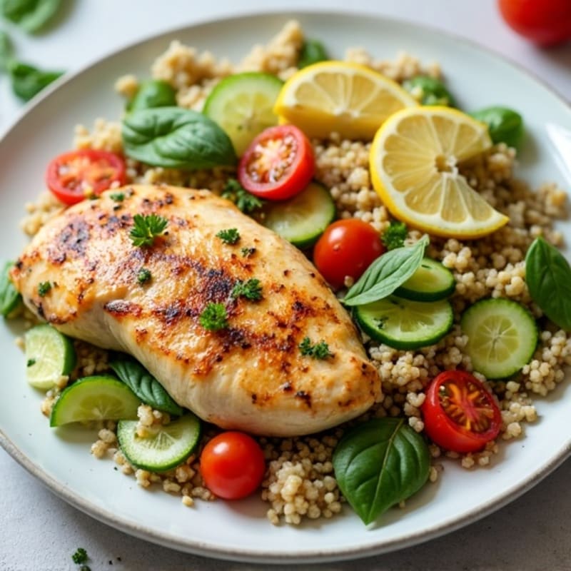 Grilled Lemon-Herb Chicken and Quinoa Salad with Crisp Vegetables