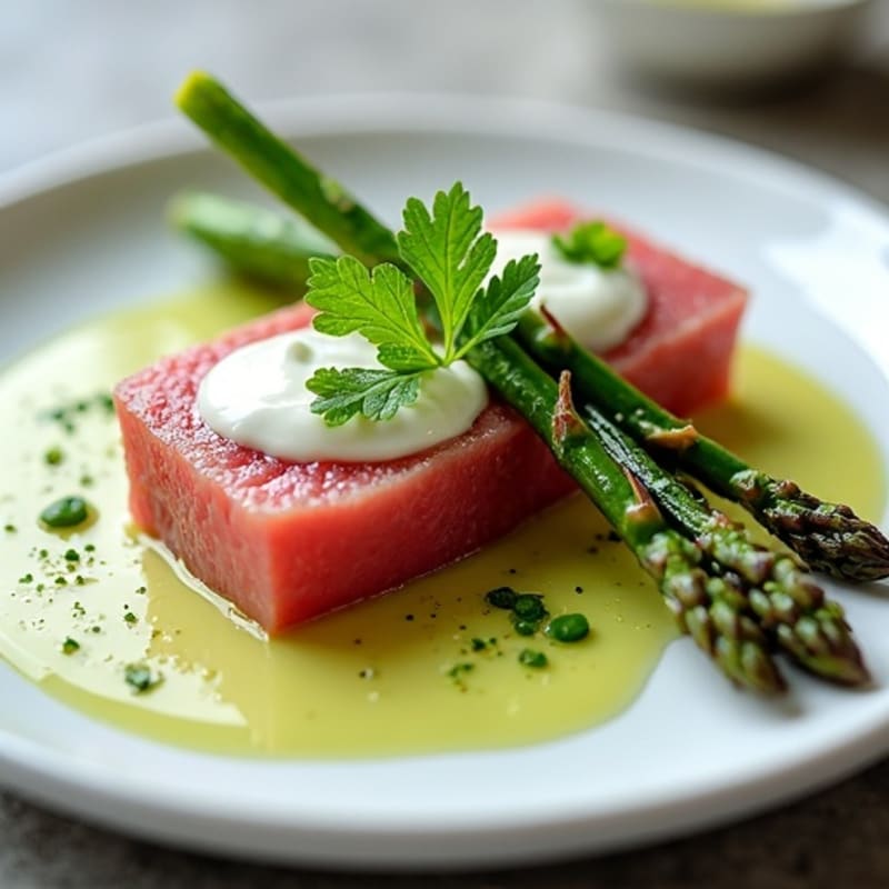 Pan-Seared Ahi Tuna with Creamy Wasabi Dressing and Crispy Roasted Asparagus