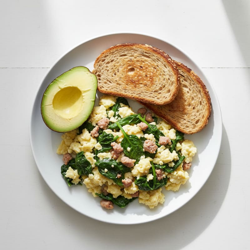 Egg White Scramble with Turkey Sausage and Sautéed Spinach