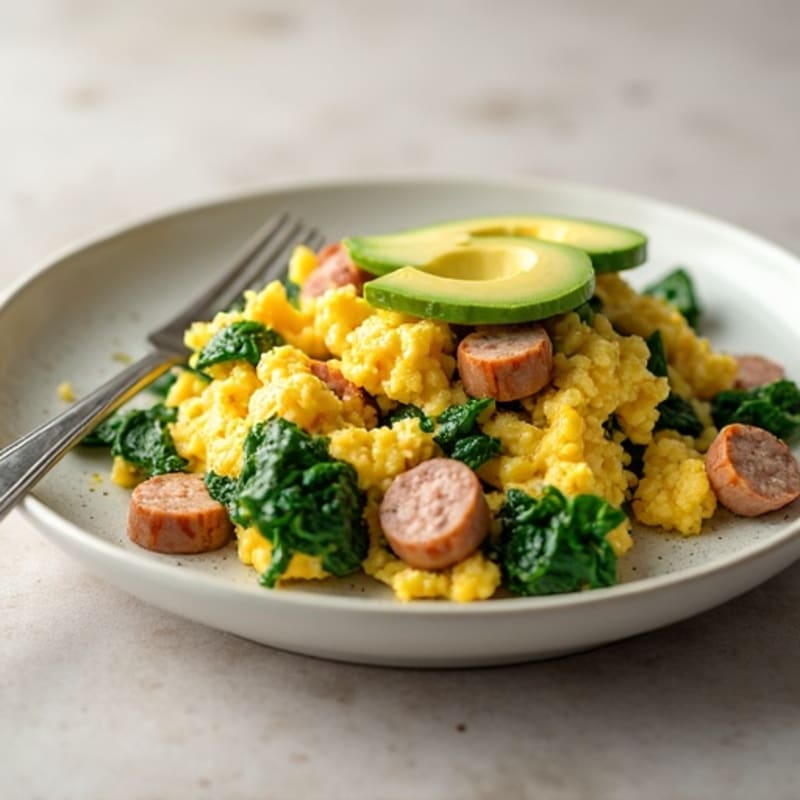 Egg White and Spinach Scramble with Turkey Sausage and Avocado