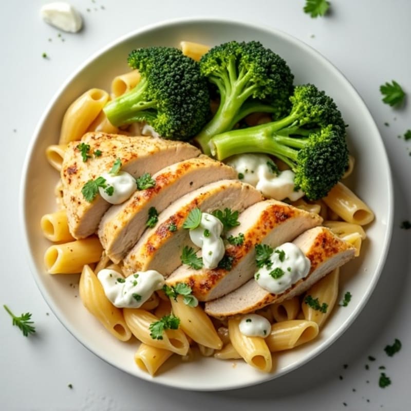 Creamy Garlic Chicken Pasta with Roasted Broccoli