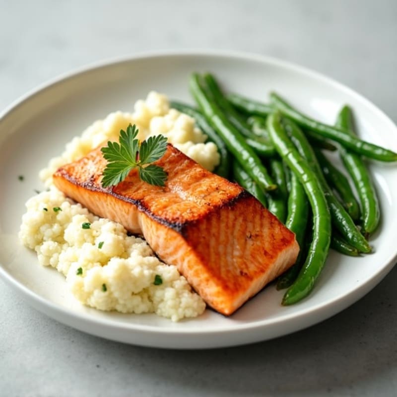 Seared Salmon with Steamed Green Beans and Garlic Cauliflower Mash