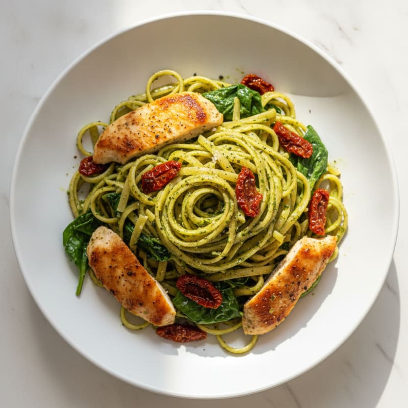 Pesto Chicken Linguine with Sun-Dried Tomatoes
