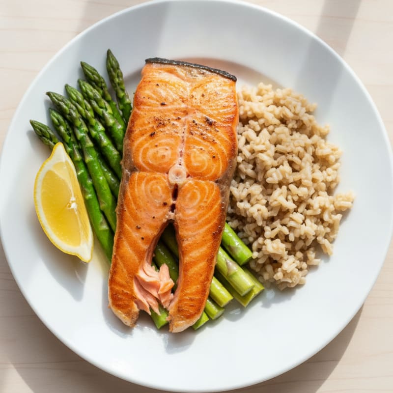 Seared Salmon Fillet with Steamed Asparagus and Brown Rice