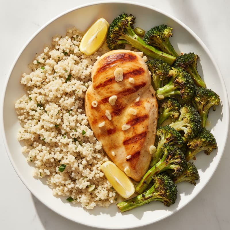Grilled Lemon-Garlic Chicken Breast with Quinoa and Roasted Broccoli