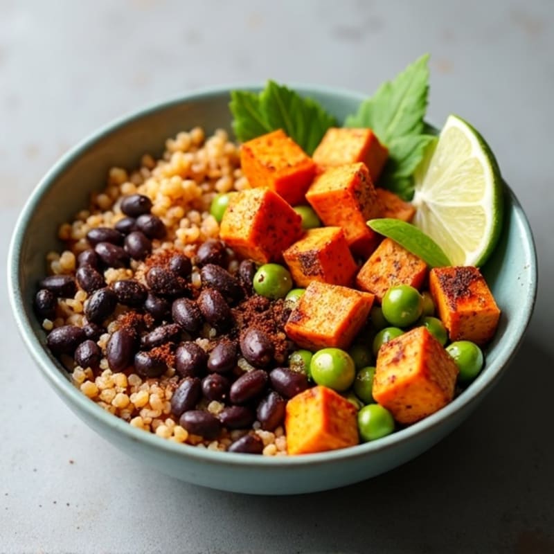 Spicy Black Bean Quinoa Bowl with Roasted Sweet Potatoes
