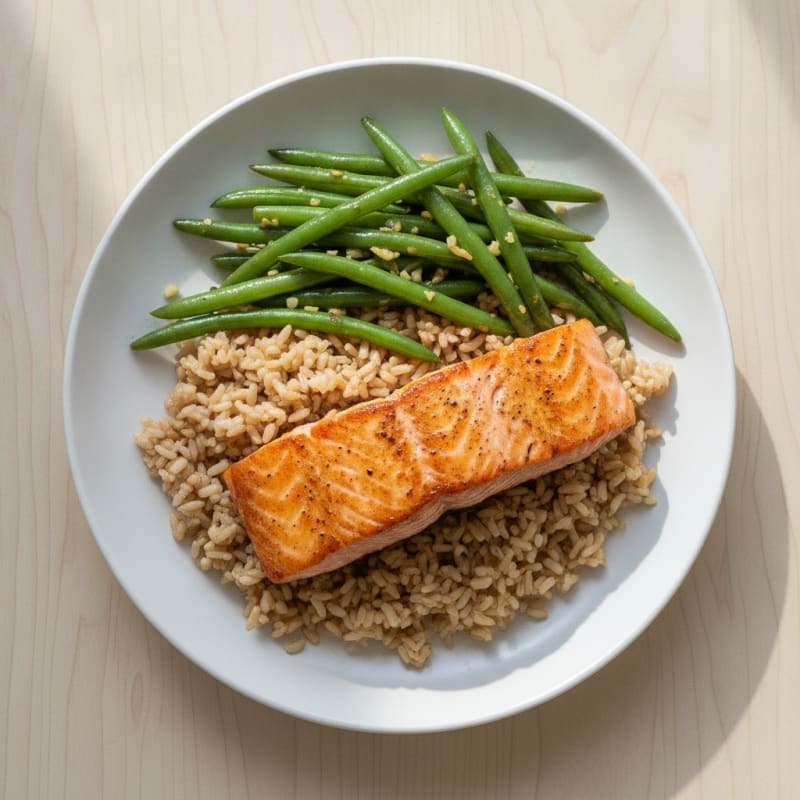 Seared Salmon with Garlic Green Beans and Brown Rice