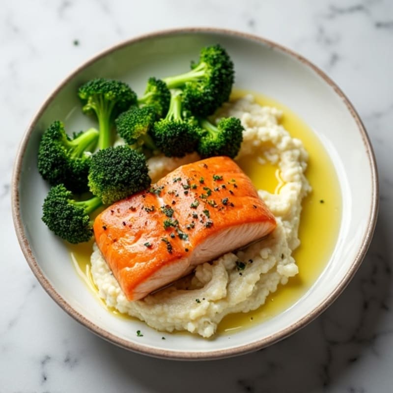 Seared Salmon with Steamed Broccoli and Garlic Cauliflower Mash