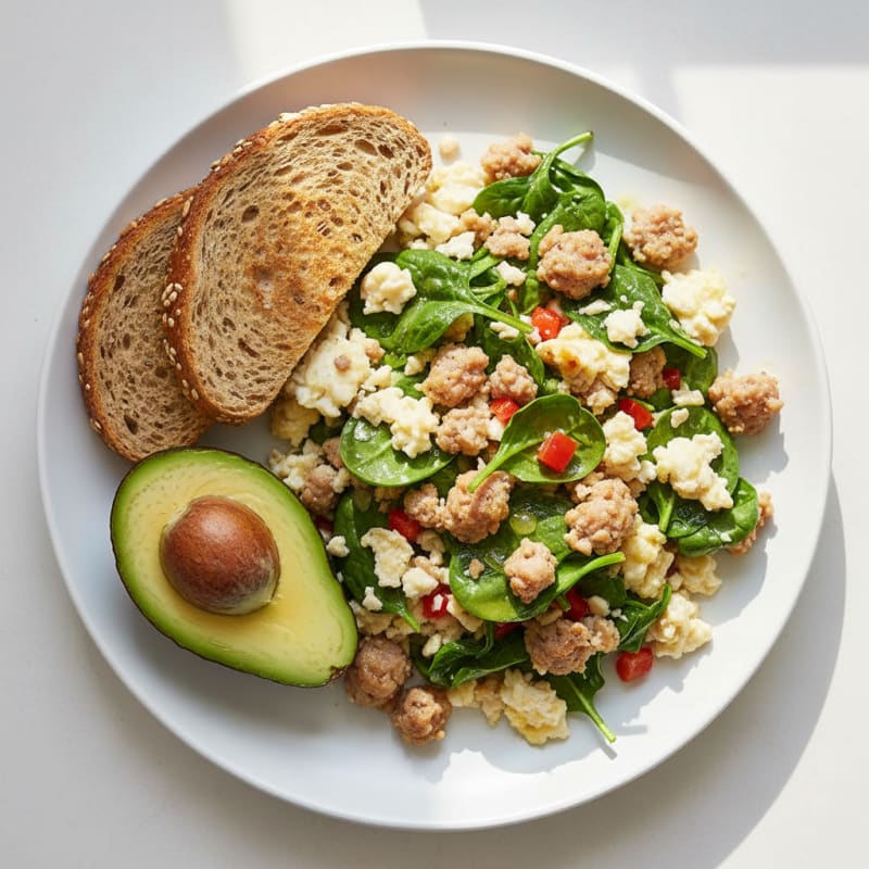 Egg White and Spinach Scramble with Turkey Sausage
