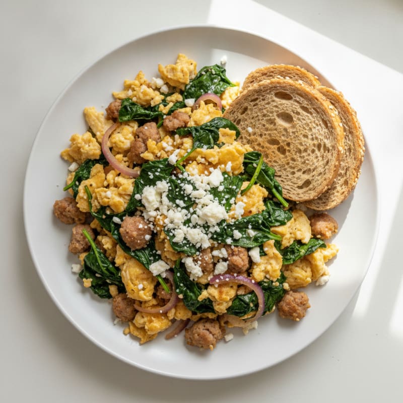 Egg White and Turkey Sausage Scramble with Sautéed Spinach