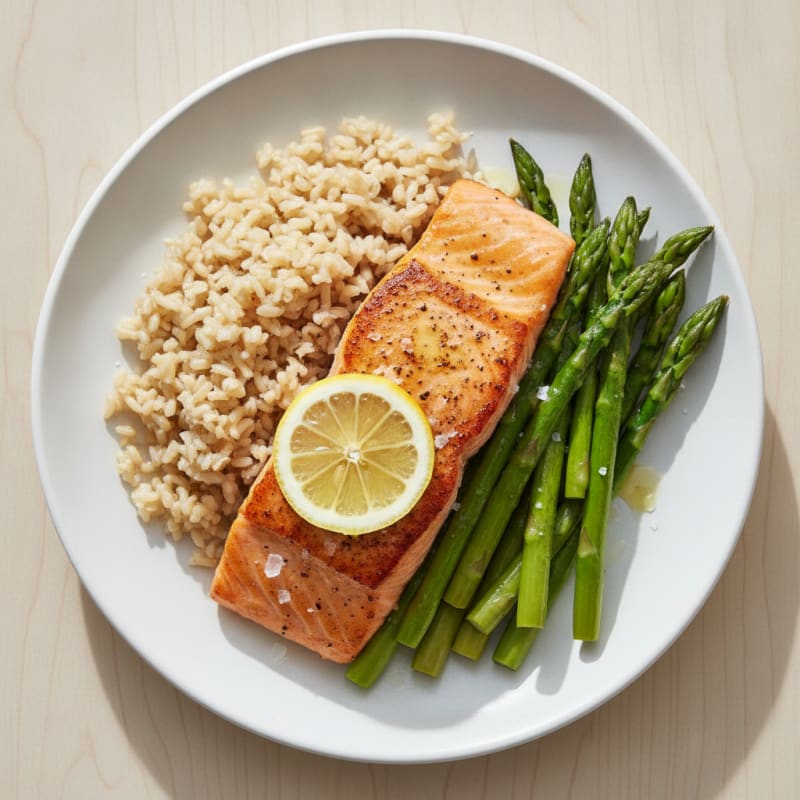 Seared Salmon Fillet with Steamed Asparagus and Brown Rice