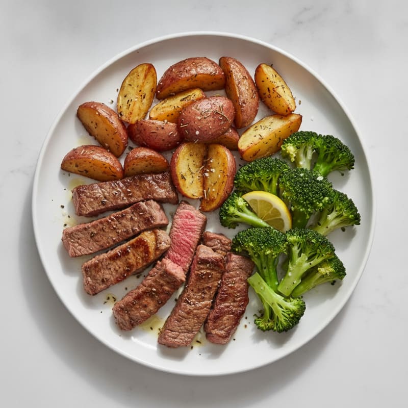 Seared Beef Strips with Herb-Roasted Potatoes and Steamed Broccoli