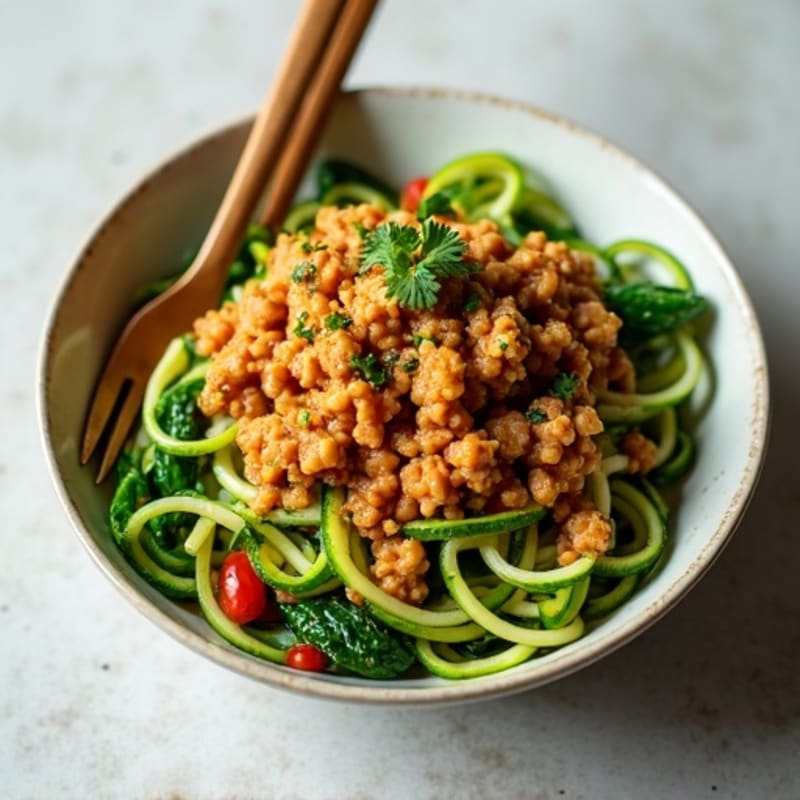 Spicy Peanut Ground Pork Noodles with Fresh Greens