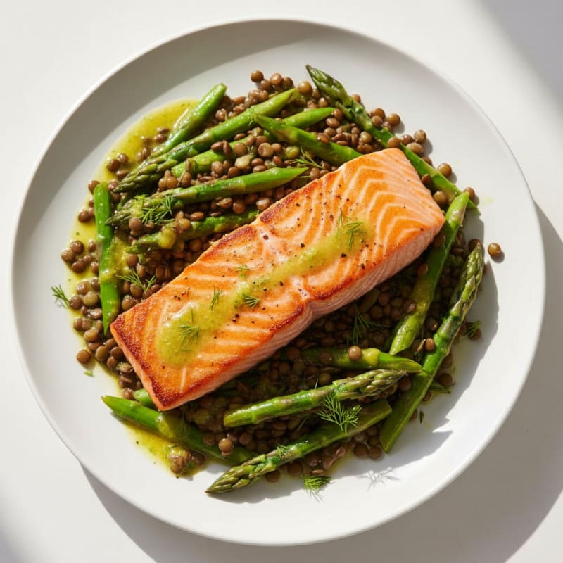 Seared Salmon Fillet with Lentil and Asparagus Salad