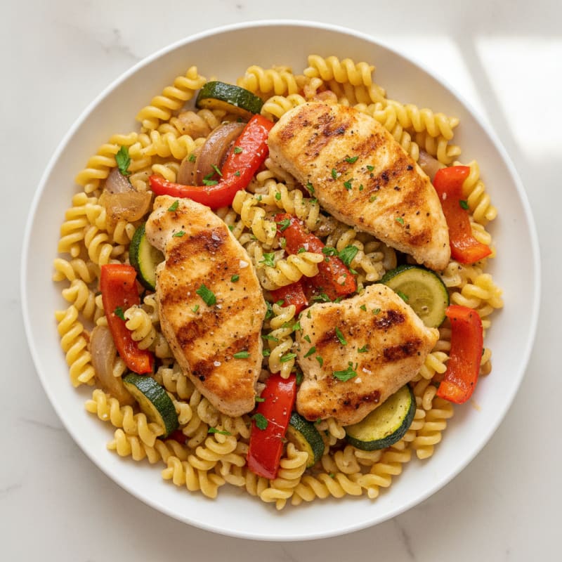 Chickpea Pasta with Roasted Vegetables and Chicken
