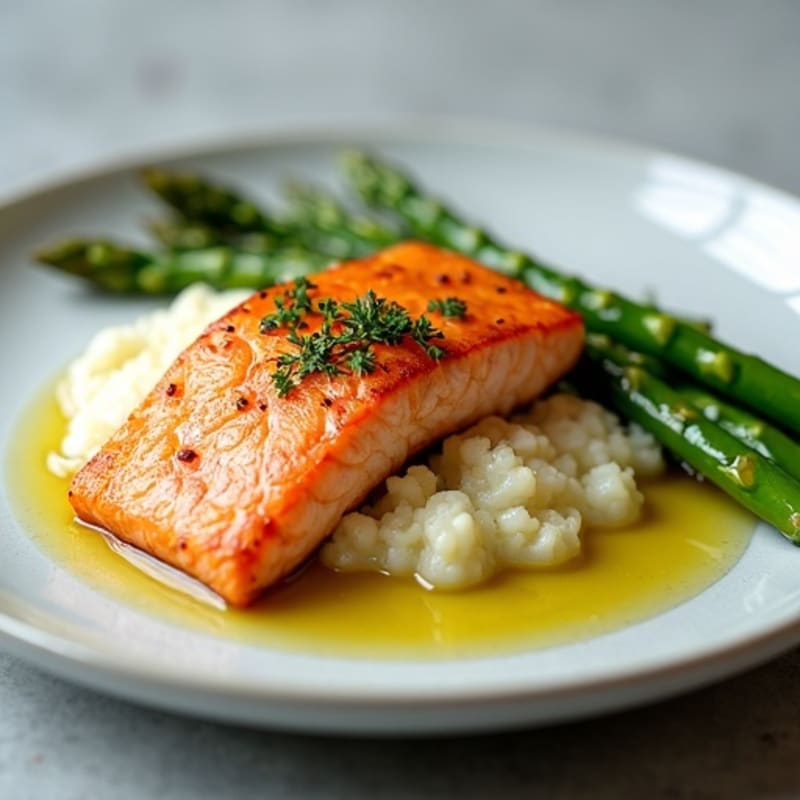Seared Salmon Fillet with Steamed Asparagus and Cauliflower Mash
