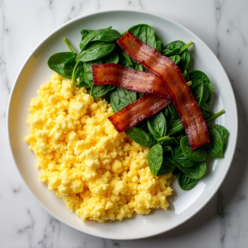 Hearty Scrambled Eggs with Sautéed Greens and Crispy Turkey Bacon