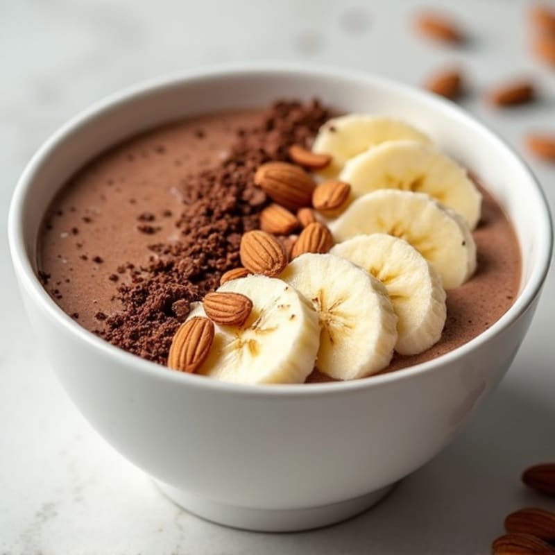 Chocolate Protein Smoothie Bowl with Sliced Banana and Almonds