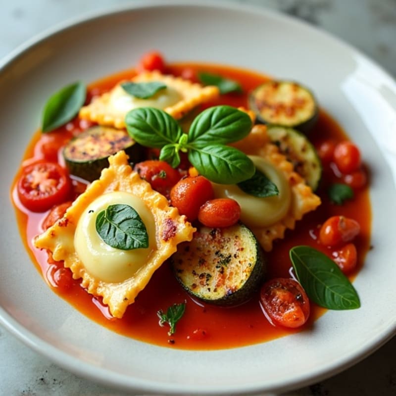 Spinach Ravioli with Fresh Herb Tomato Sauce and Roasted Zucchini