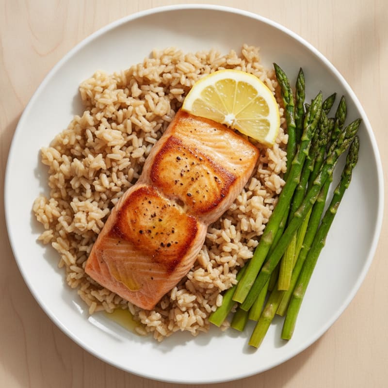 Seared Salmon Fillet with Sautéed Asparagus and Brown Rice
