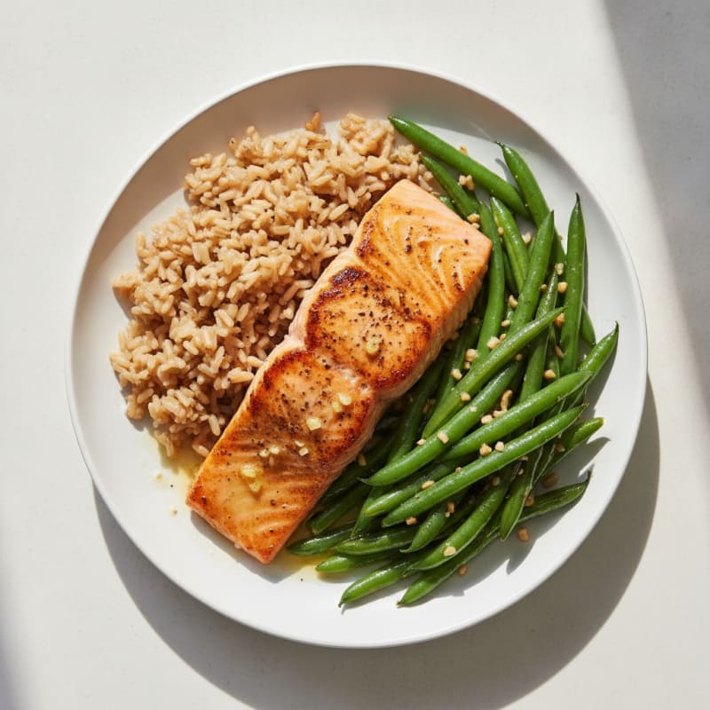 Seared Salmon Filet with Garlic Green Beans and Brown Rice