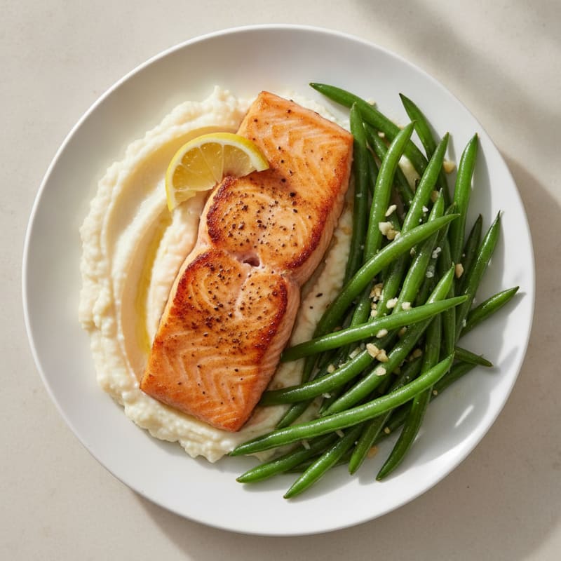 Seared Salmon with Garlic Green Beans and Cauliflower Mash