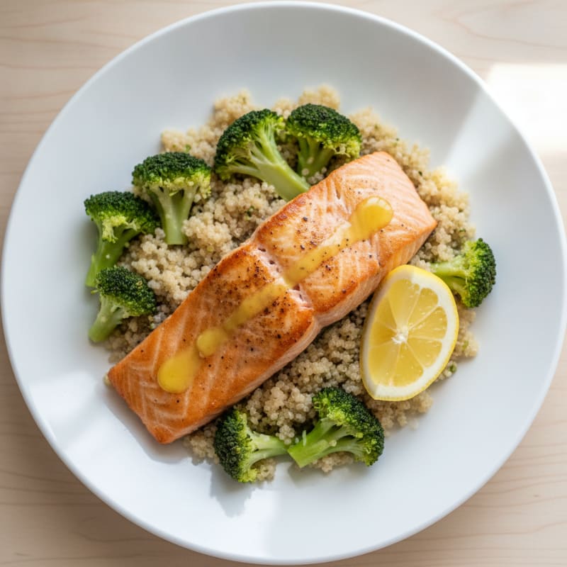 Seared Salmon with Steamed Broccoli and Quinoa