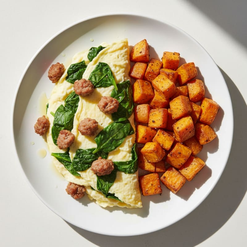 Egg White Spinach Omelette with Turkey Sausage and Roasted Sweet Potato