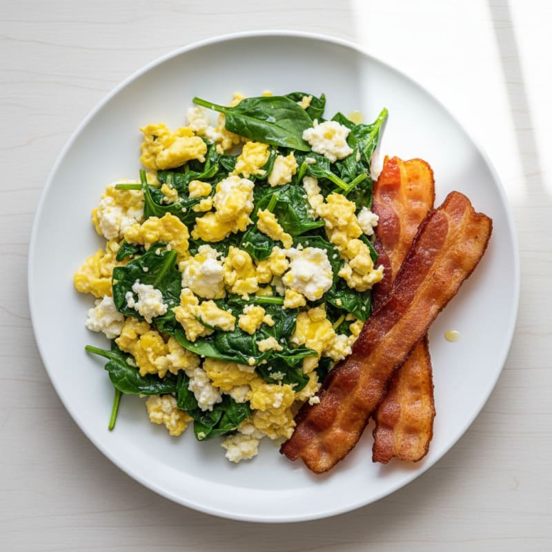 Cottage Cheese Egg Scramble with Spinach and Turkey Bacon
