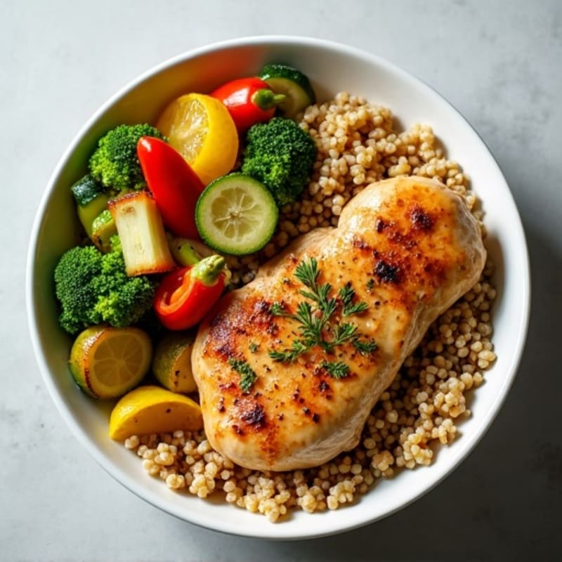 Roasted Lemon Herb Chicken and Crispy Vegetable Power Bowl