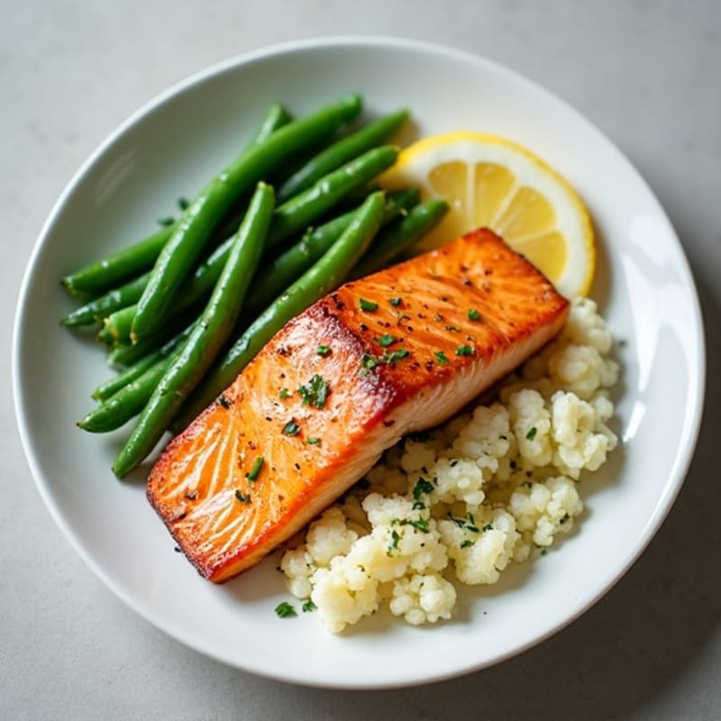 Seared Salmon with Garlic Green Beans and Mashed Cauliflower