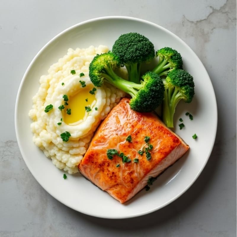 Seared Salmon with Steamed Broccoli and Garlic Cauliflower Mash