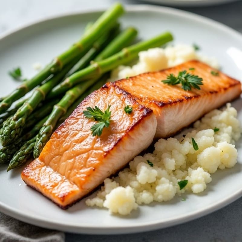 Seared Salmon with Steamed Asparagus and Cauliflower Mash