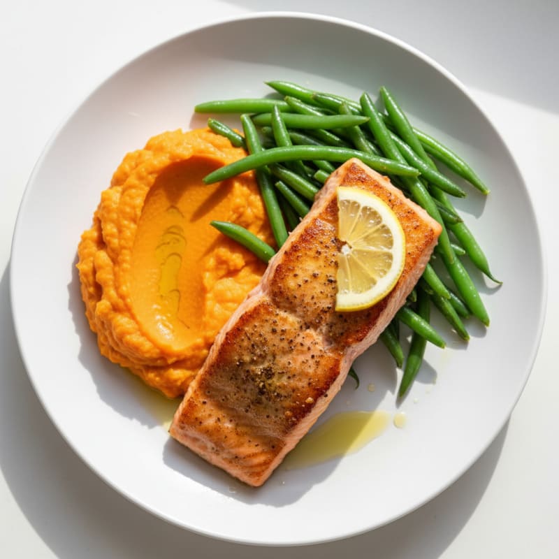 Seared Salmon with Steamed Green Beans and Sweet Potato Mash