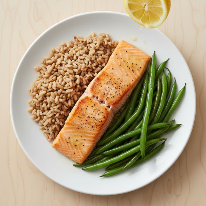 Seared Salmon with Steamed Green Beans and Brown Rice