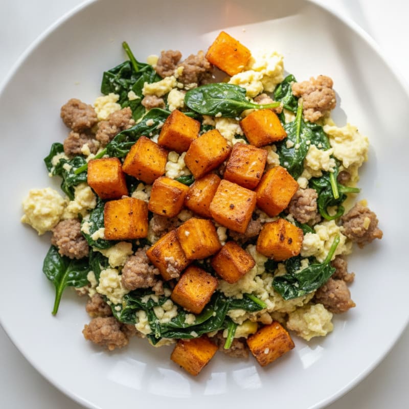 Egg White and Turkey Sausage Scramble with Spinach and Roasted Sweet Potato